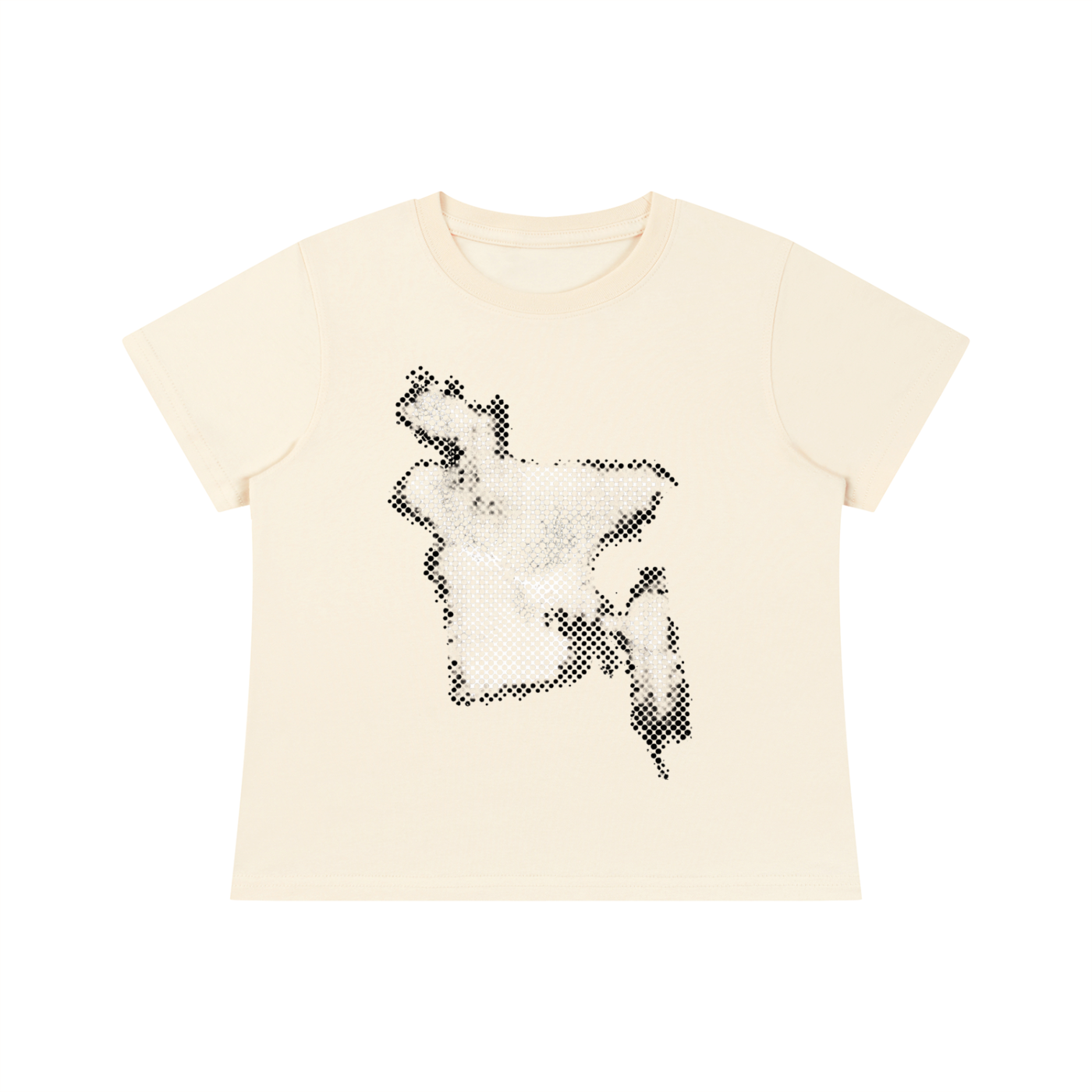 A cream-colored short-sleeve t-shirt with a black pixelated graphic of bangladesh on the front, displayed against a solid white background.