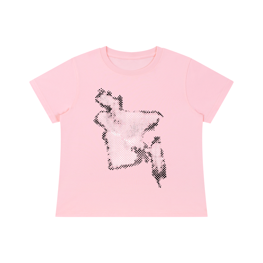 A light pink short-sleeve t-shirt with a black pixelated graphic of bangladesh on the front, displayed against a solid white background.