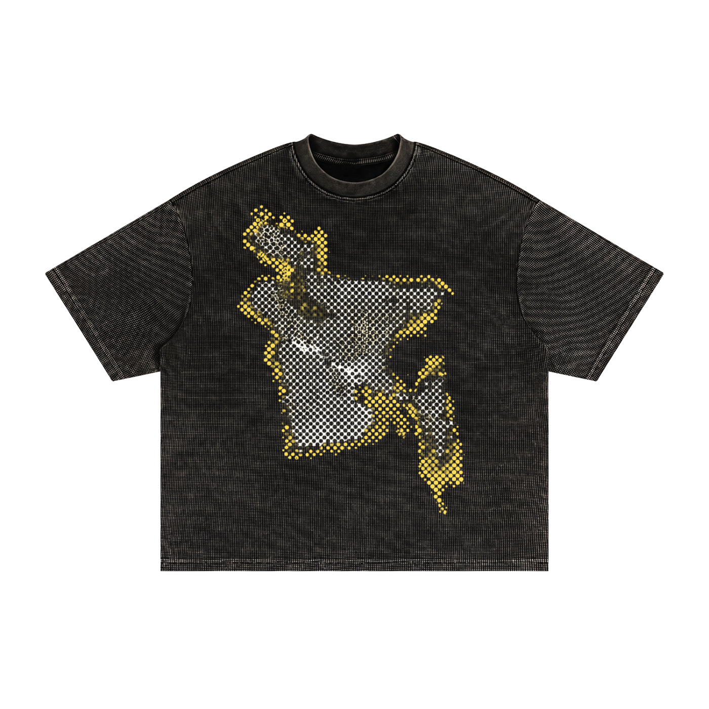 A black ribbed short-sleeve t-shirt featuring a large pixelated graphic of bangladesh on the front in yellow, silver, and white, displayed flat against a solid white background.