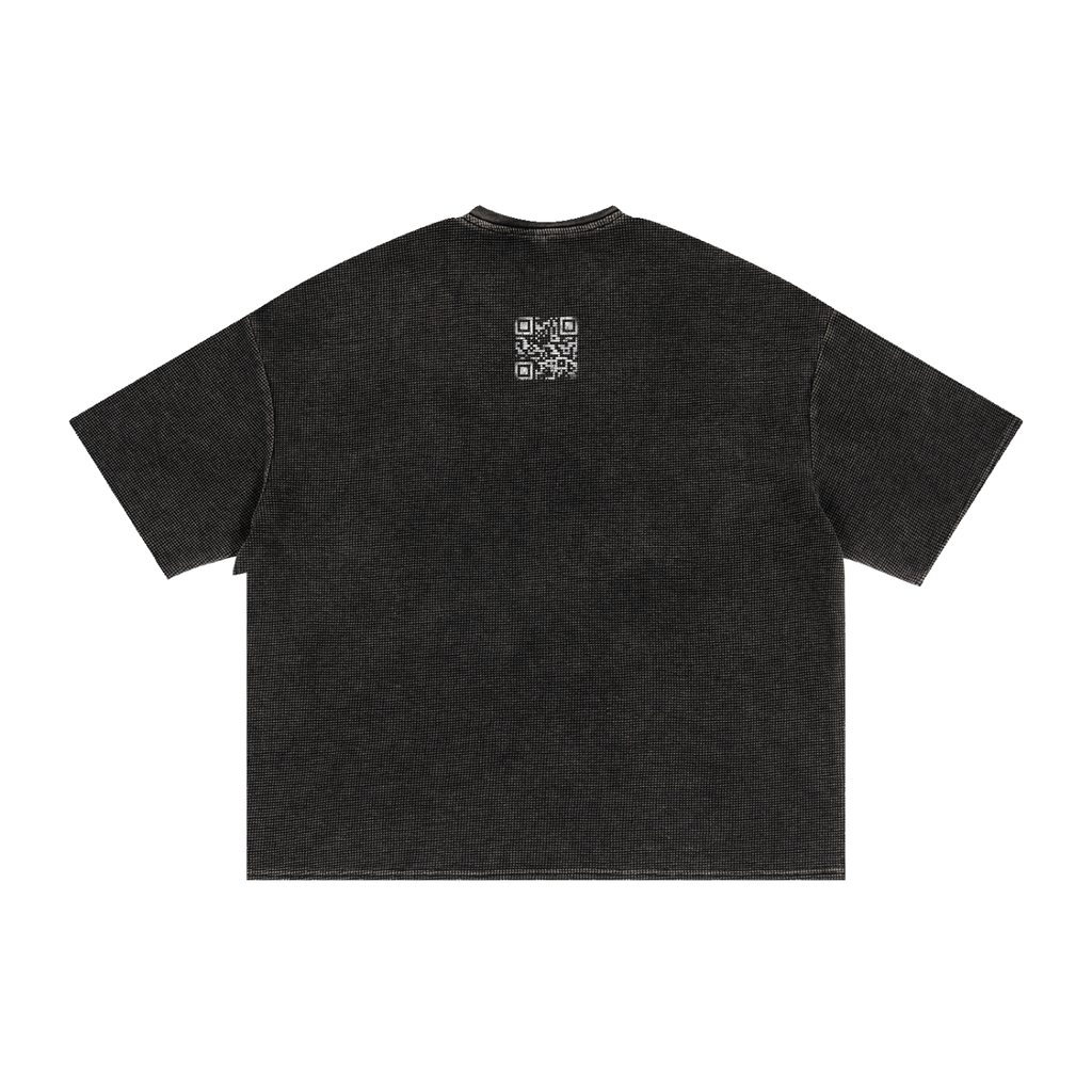 Black t-shirt with 'QR' branding on a white background