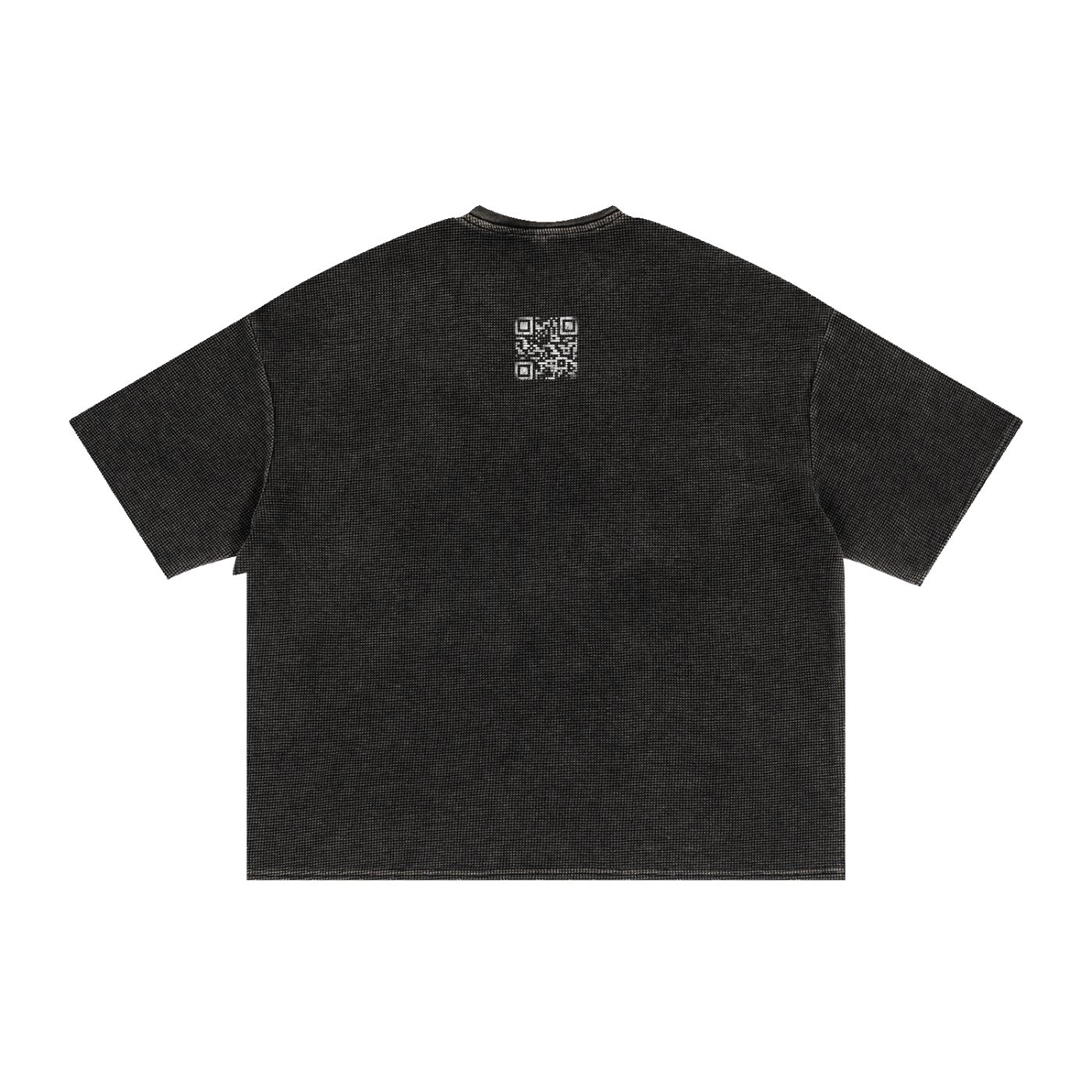 Black t-shirt with 'QR' branding on a white background