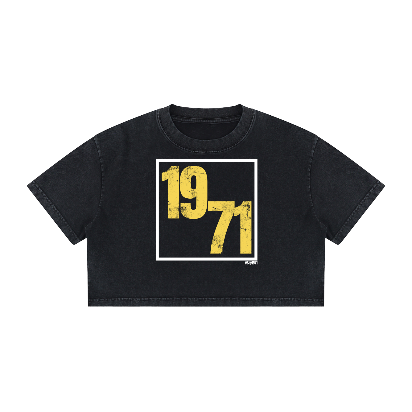 A black cropped t-shirt featuring a distressed yellow '1971' graphic inside a white square frame on the front, displayed flat against a solid white background.