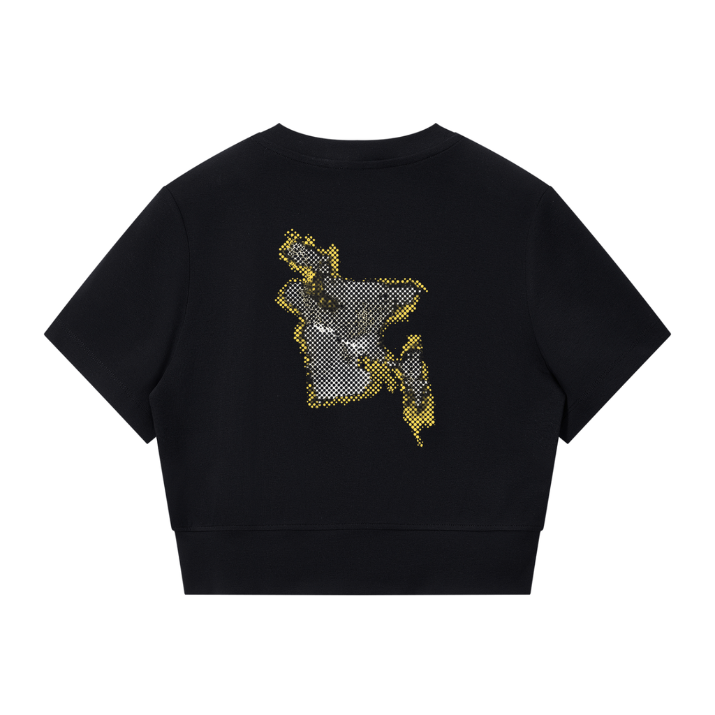 A black short-sleeve crewneck sweatshirt shown from the back, featuring a large, pixelated graphic of bangladesh on the upper back.