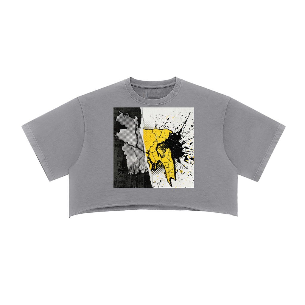 1971 grey crop top front with pop art graphic of bangladesh