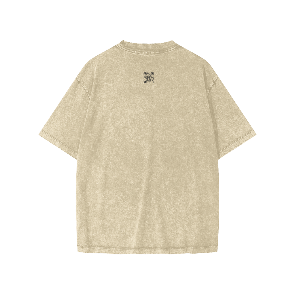 Beige t-shirt with a small black QR logo on the back against a white background