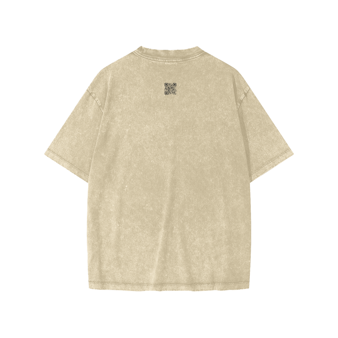 Beige t-shirt with a small black QR logo on the back against a white background