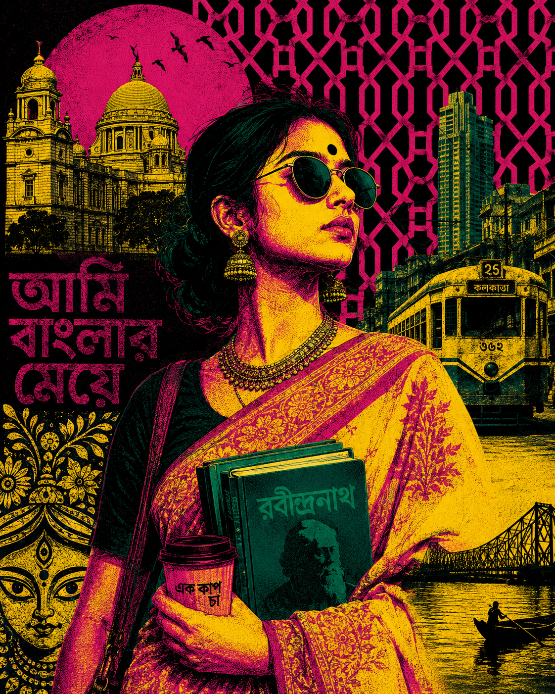 Bengali woman carrying Rabindranath book, cup of tea, with boat and tram and modern buildings behind her