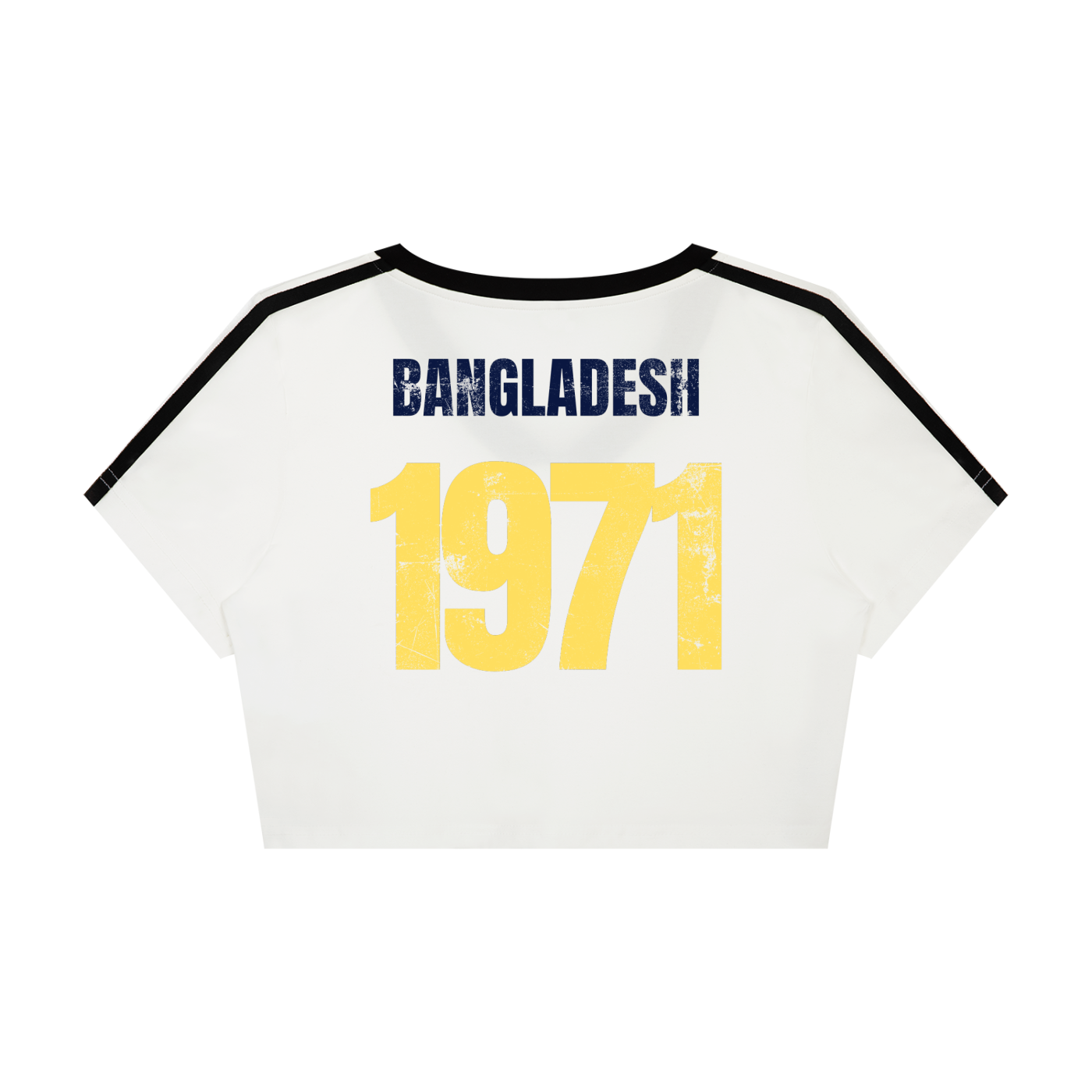 White cropped short-sleeve t-shirt with black shoulder stripes, featuring 'BANGLADESH' in navy blue and '1971' in distressed yellow on the back.