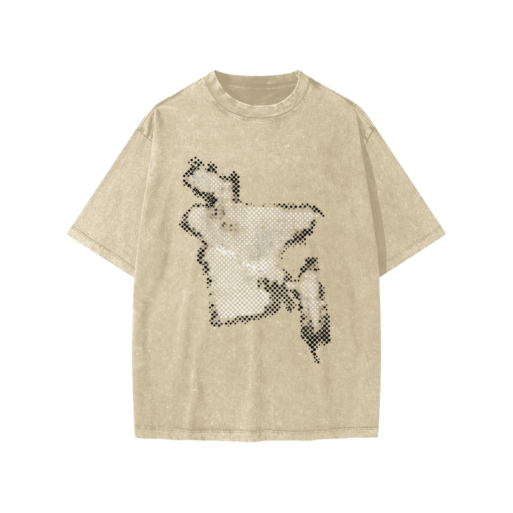 A beige mineral-wash short-sleeve t-shirt with a black pixelated graphic of bangladesh on the front, displayed against a solid white background.