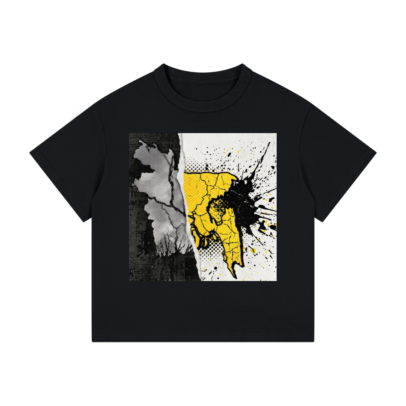 A black short-sleeve crewneck t-shirt featuring a square graphic print of the state of bangladesh split vertically, with a cracked gray-and-white texture on the left and a yellow-and-black splatter design on the right.