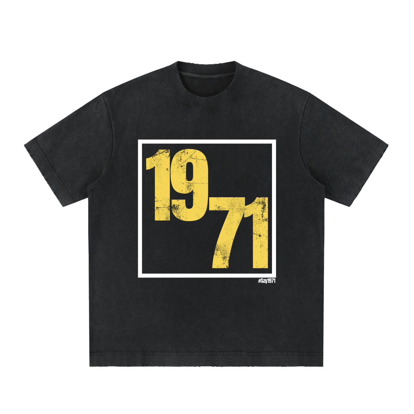 A black short-sleeve t-shirt with a distressed yellow graphic on the front that reads '1971' inside a white square border, shown against a plain white background.