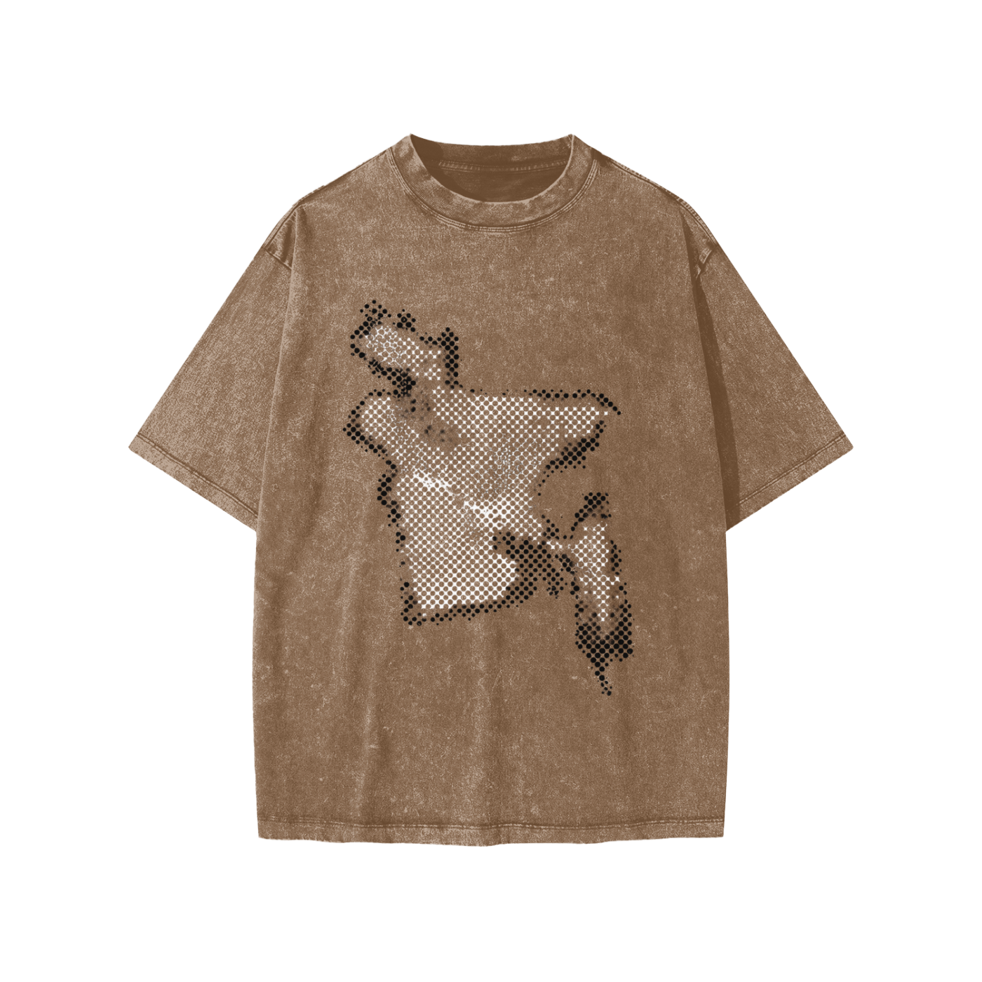 A brown mineral-wash short-sleeve t-shirt with a pixelated graphic of bangladesh on the front, displayed against a solid white background.