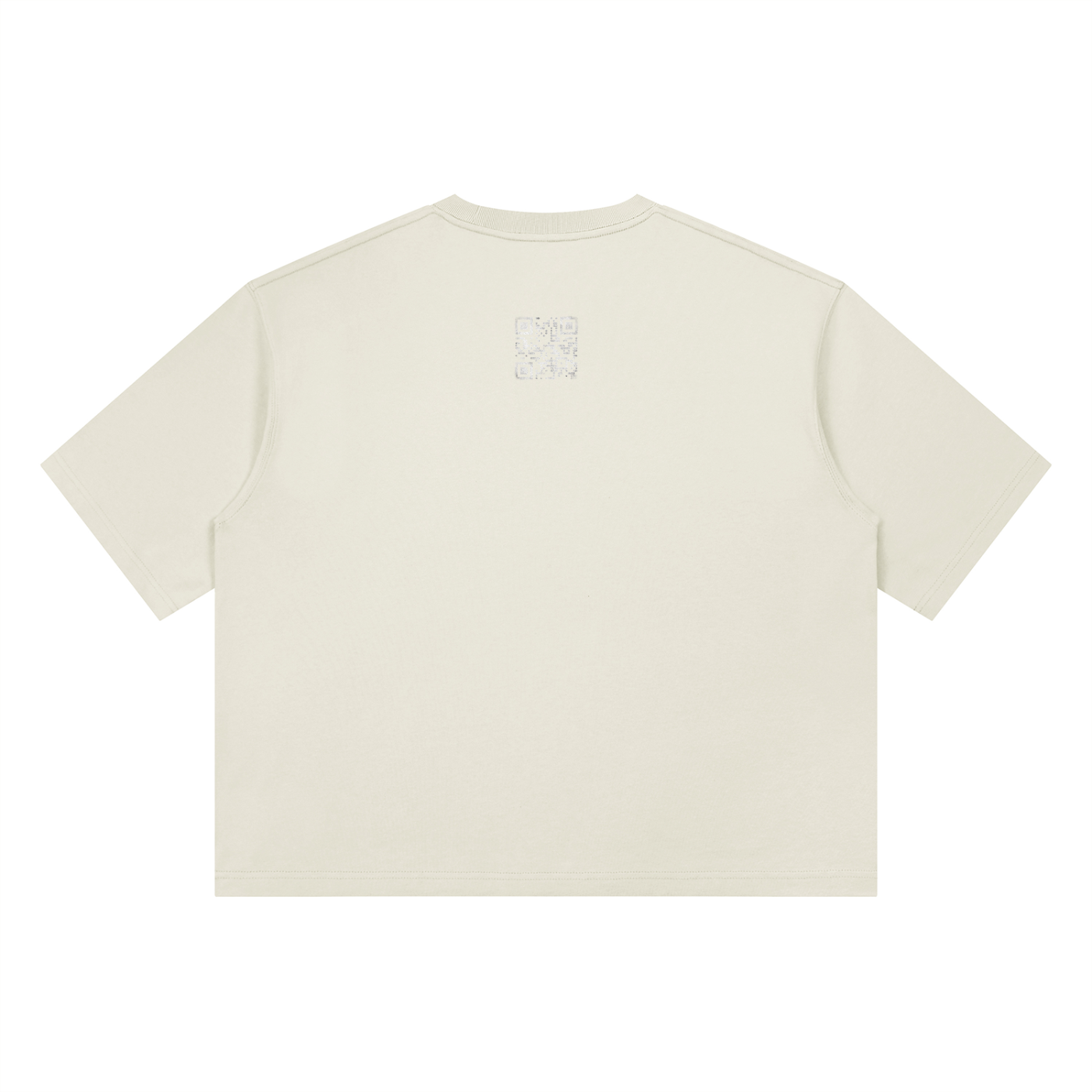 A cream-colored short-sleeve t-shirt shown from the back, featuring a small, subtle QR graphic printed in the center of the upper back.