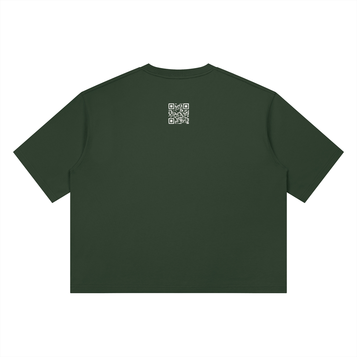 A dark forest green short-sleeve t-shirt shown from the back, featuring a small white QR code graphic printed on the upper center back, set against a plain white background.