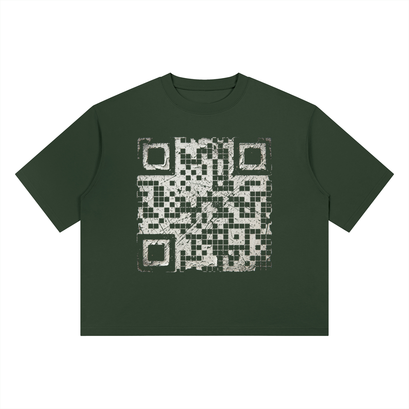A dark green short-sleeve t-shirt with a large, distressed white QR code graphic printed on the chest, displayed against a solid white background.