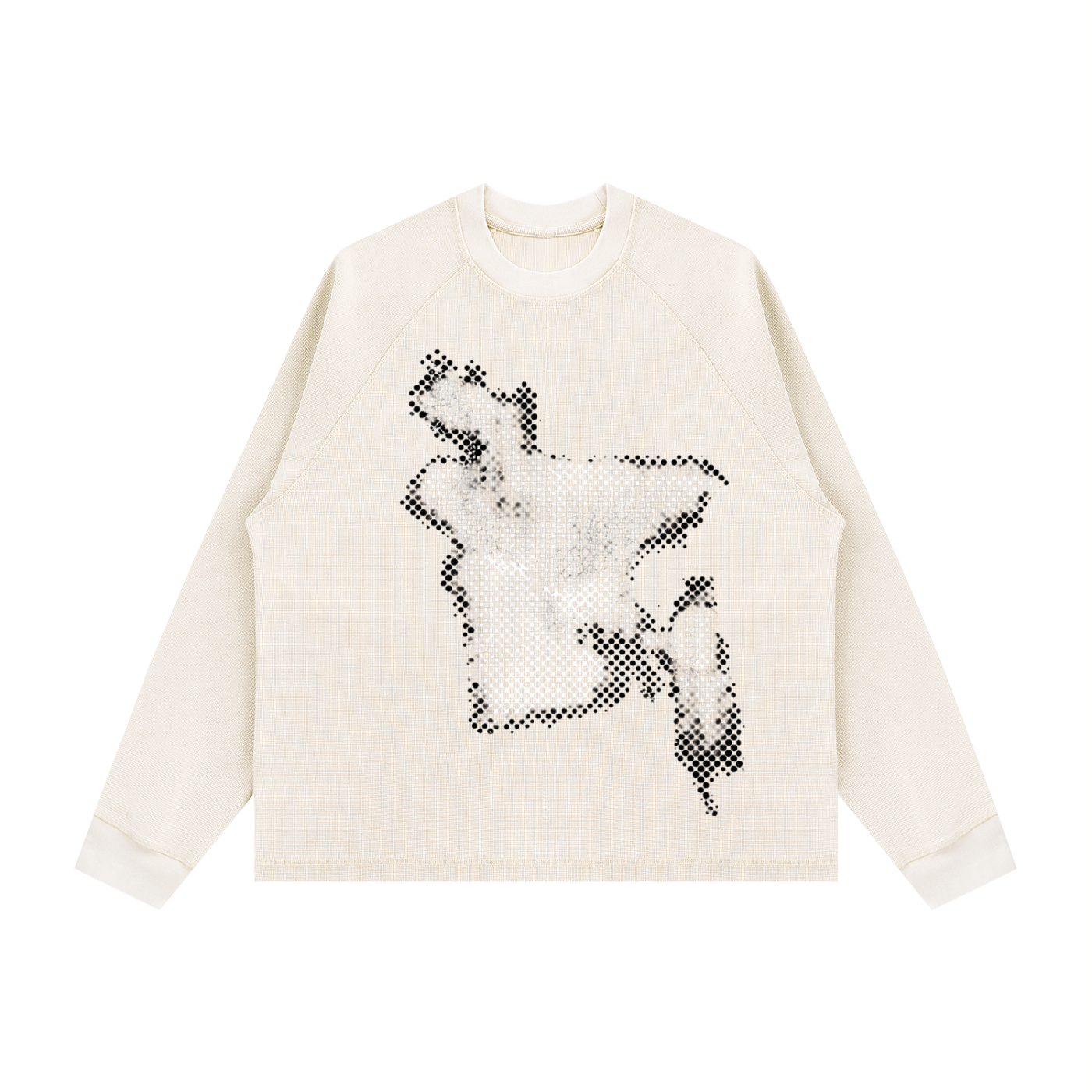 An off-white long-sleeve crewneck sweatshirt featuring a large black pixelated graphic of bangladesh on the front, displayed against a solid white background.