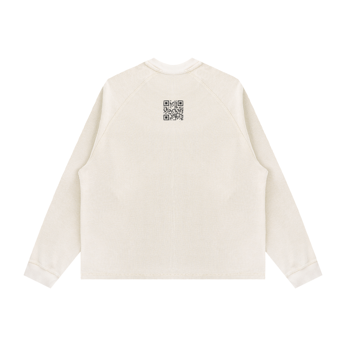 An off-white long-sleeve crewneck sweatshirt shown from the back, featuring a small black QR code graphic centered on the upper back.