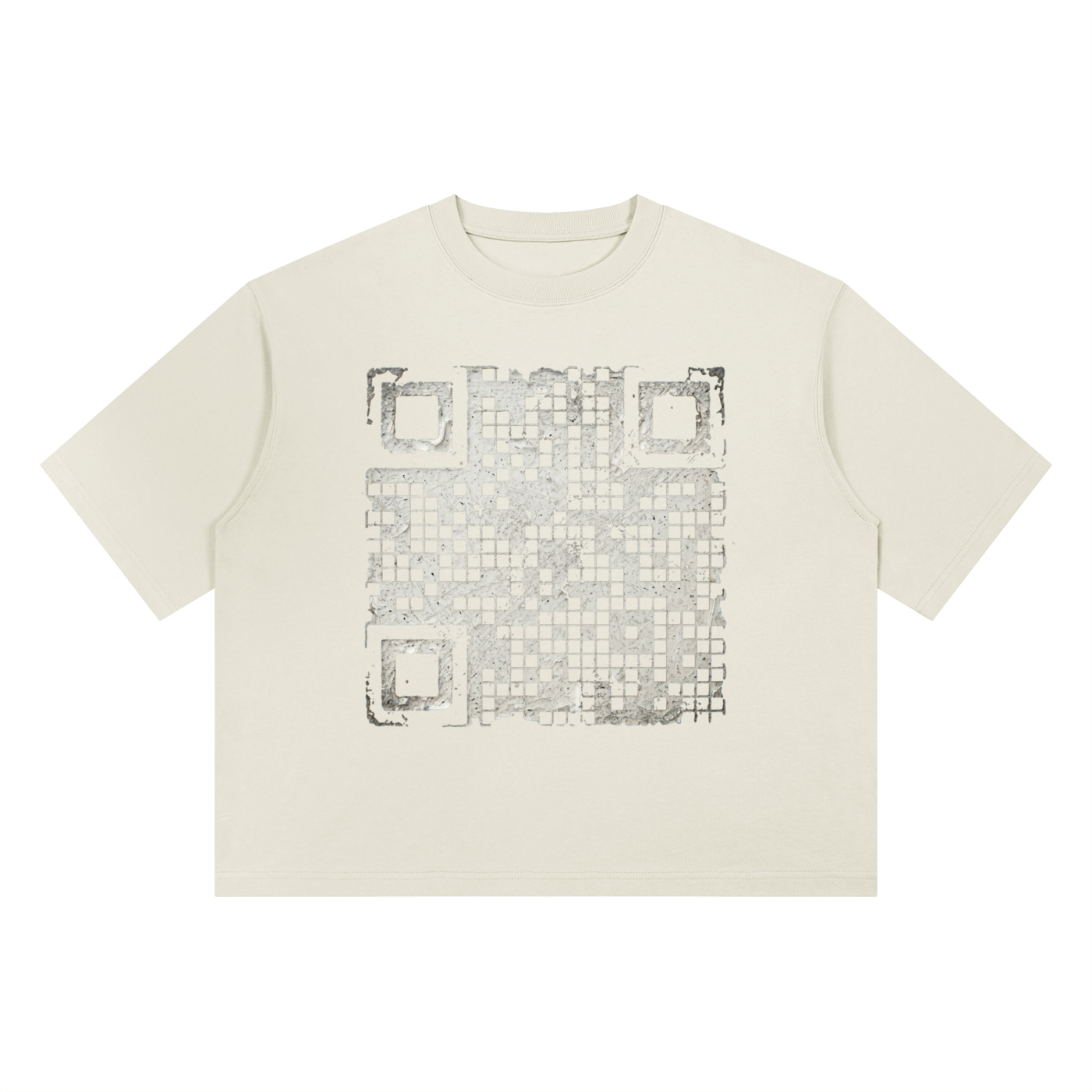 An off-white short-sleeve crewneck t-shirt featuring a large square graphic print on the front with a distressed, pixelated grid pattern in gray and black.