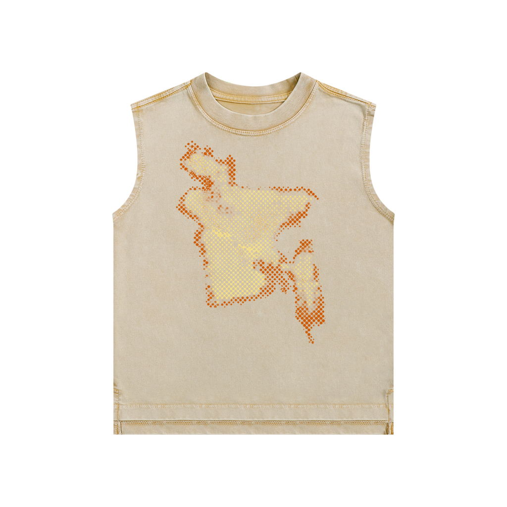 A sleeveless beige tank top featuring a large, pixelated orange graphic of bangladesh on the front, displayed against a solid white background.