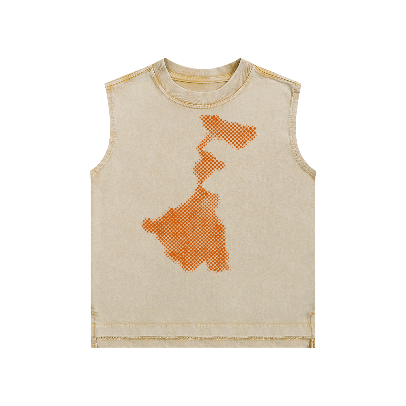A sleeveless beige tank top featuring a large orange pixelated graphic of west bengal on the front, displayed against a solid white background.