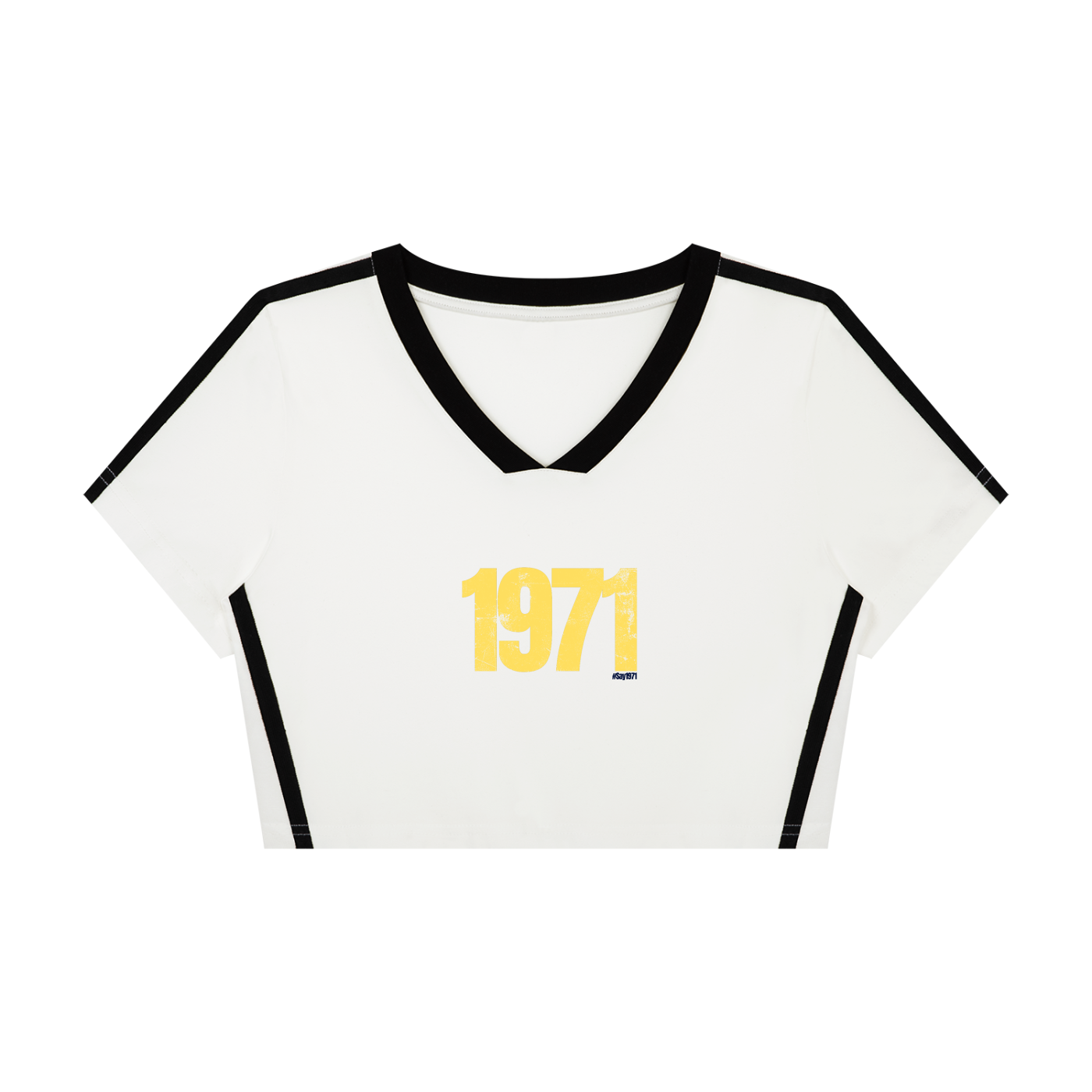 A white short-sleeve crop top with black trim on the V-neck collar, sleeve edges, and sides, featuring a yellow distressed '1971' graphic on the chest.